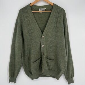 Vintage David Jones Mens Cardigan Sweater Sz L Green 70s 80s Grandpa New Wool
